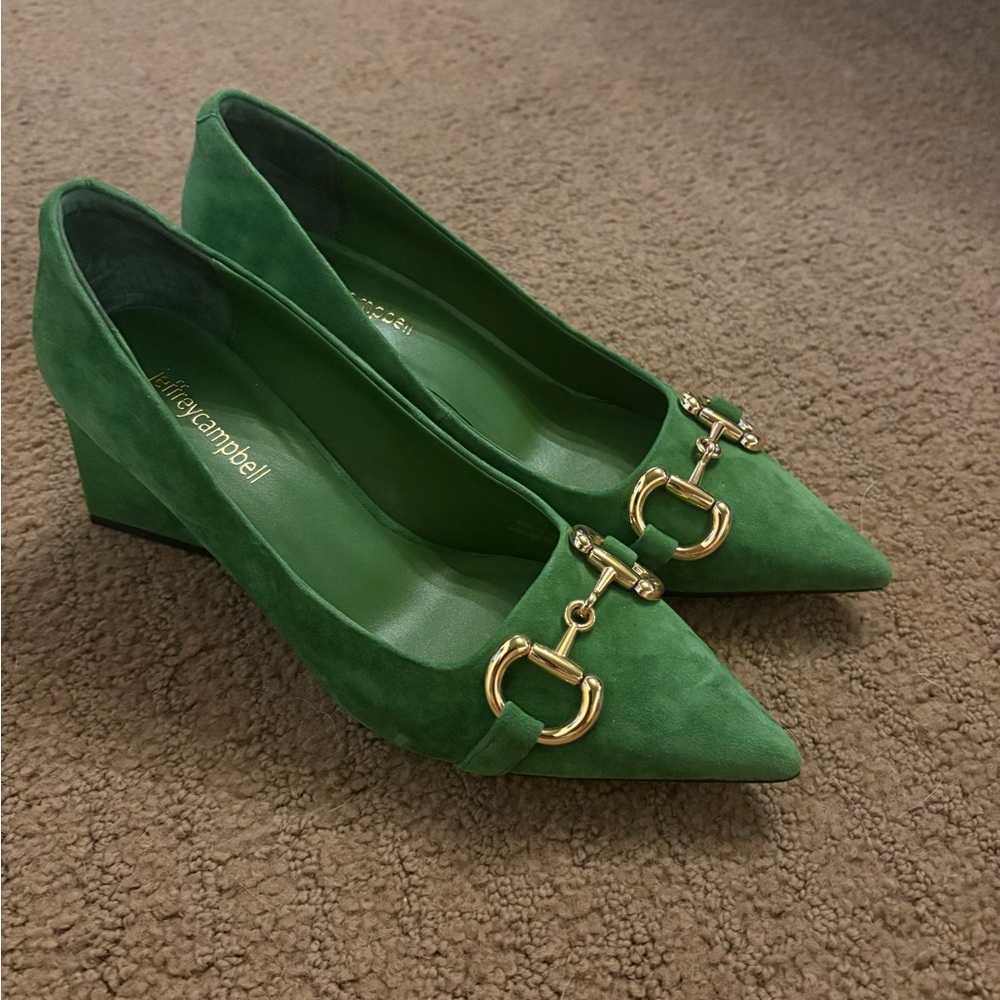 Jeffrey Campbell Green Wedge Shoes with Gold Accent